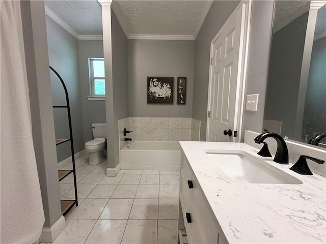 24473 Timbercrest Dr, Franklinton, LA 70438 - bathroom featuring marble finish flooring, toilet, a bath, a textured ceiling, and crown molding