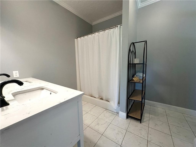 24473 Timbercrest Dr, Franklinton, LA 70438 - full bathroom with marble look tile flooring, ornamental molding, curtained shower, and baseboards