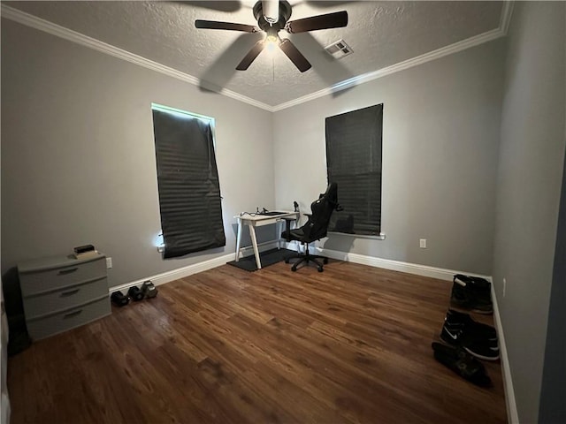 24473 Timbercrest Dr, Franklinton, LA 70438 - home office with wood finished floors, a textured ceiling, a ceiling fan, baseboards, and crown molding