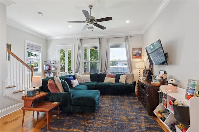 1723 N Broad St, New Orleans, LA 70119 - living area with plenty of natural light, stairs, a ceiling fan, recessed lighting, and wood finished floors