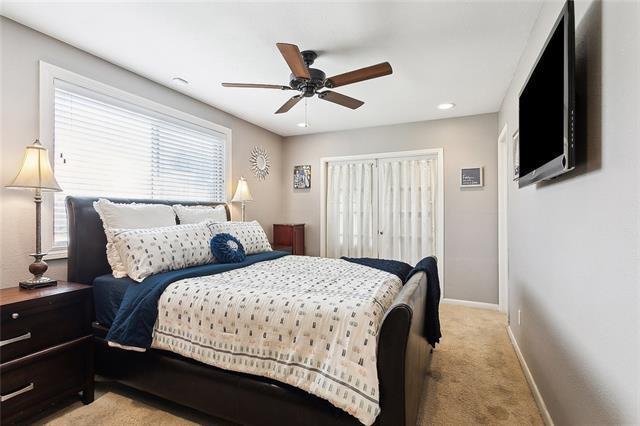 313 Celeste Ave, River Ridge, LA 70123 - bedroom with baseboards, light carpet, ceiling fan, and recessed lighting