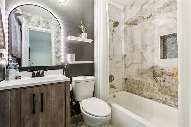 full bathroom with shower / bath combination with curtain, toilet, and vanity