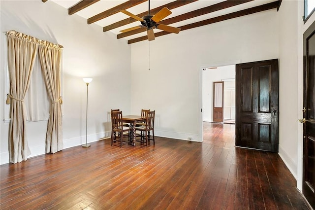 724 Constantinople St, New Orleans, LA 70115 - dining room with beamed ceiling, high vaulted ceiling, a ceiling fan, and wood-type flooring