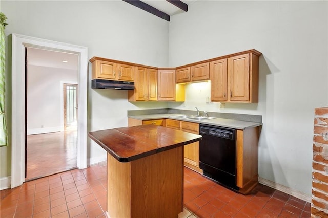 724 Constantinople St, New Orleans, LA 70115 - kitchen featuring black dishwasher, a high ceiling, dark tile patterned floors, under cabinet range hood, and a kitchen island