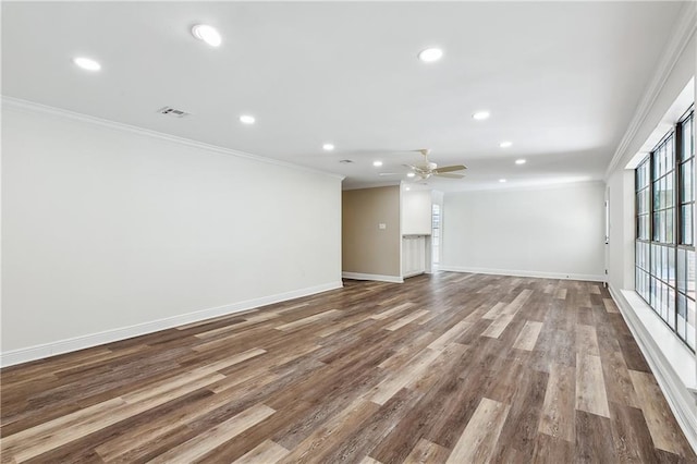 4233 Bordeaux Dr, Kenner, LA 70065 - empty room with ornamental molding, recessed lighting, a ceiling fan, baseboards, and wood finished floors