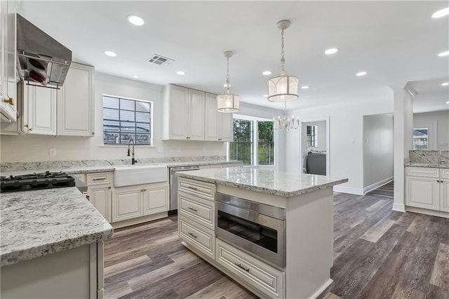 4233 Bordeaux Dr, Kenner, LA 70065 - kitchen with extractor fan, a sink, stainless steel appliances, dark wood-style floors, and recessed lighting