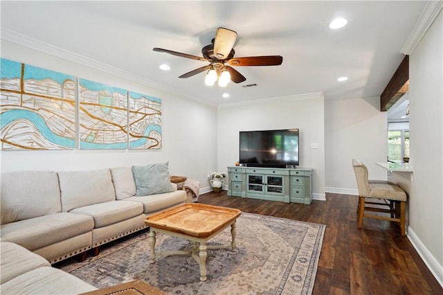 5835 Chamberlain Dr, New Orleans, LA 70122 - living room with baseboards, wood finished floors, ceiling fan, recessed lighting, and ornamental molding