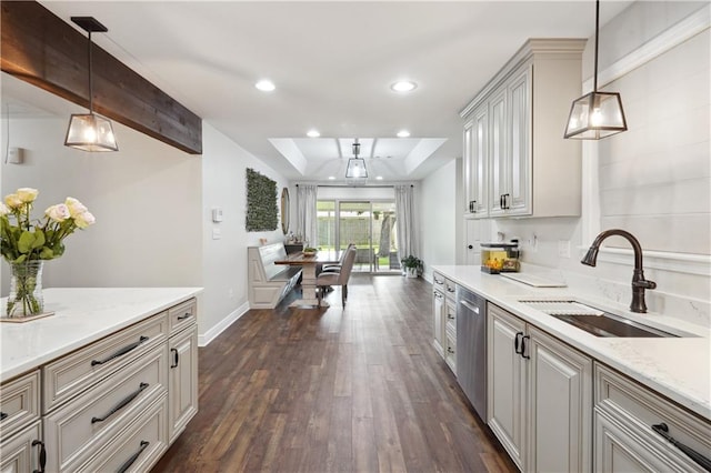 5835 Chamberlain Dr, New Orleans, LA 70122 - kitchen featuring a sink, stainless steel dishwasher, dark wood-style flooring, recessed lighting, and baseboards
