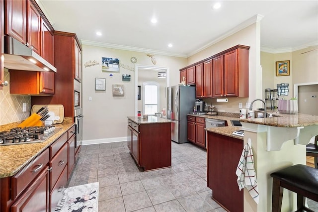 69359 6th Ave, Covington, LA 70433 - kitchen with appliances with stainless steel finishes, under cabinet range hood, dark brown cabinets, a peninsula, and a center island