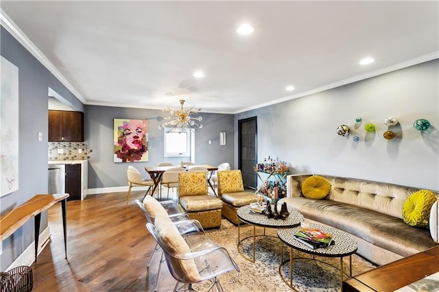 3000 Saint Charles Ave Unit 408, New Orleans, LA 70115 - living area with ornamental molding, recessed lighting, a chandelier, light wood-type flooring, and baseboards
