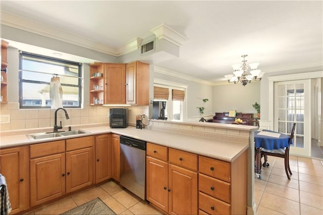 6200 Morton St, Metairie, LA 70003 - kitchen featuring dishwasher, a sink, light tile patterned floors, a peninsula, and a chandelier