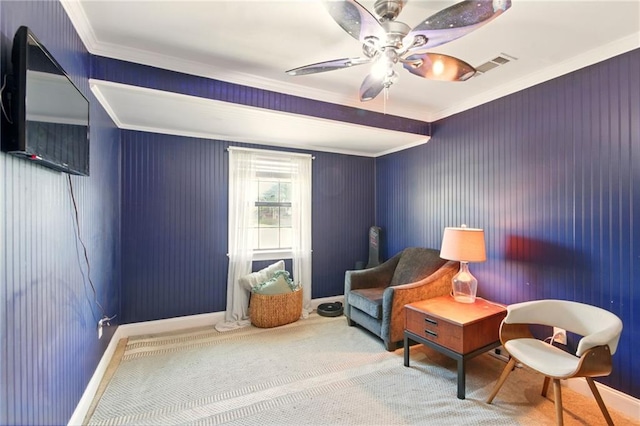 6200 Morton St, Metairie, LA 70003 - sitting room featuring ornamental molding, carpet flooring, ceiling fan, and baseboards