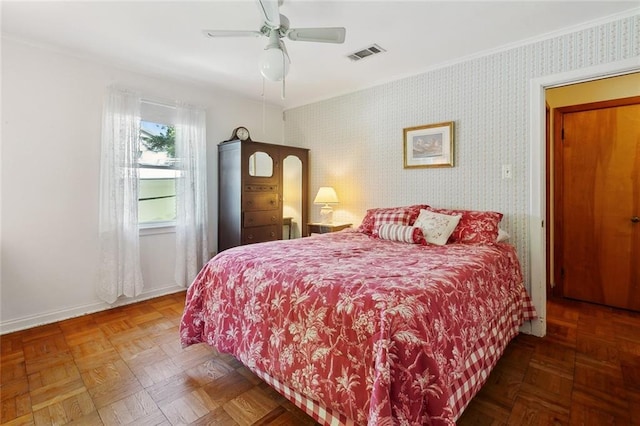 16 Ravan Ave, Harahan, LA 70123 - bedroom featuring wallpapered walls, ornamental molding, baseboards, and a ceiling fan