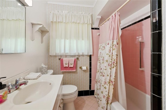 16 Ravan Ave, Harahan, LA 70123 - bathroom with toilet, vanity, shower / bath combo, tile patterned floors, and ornamental molding