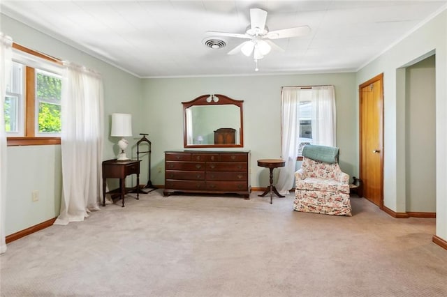 16 Ravan Ave, Harahan, LA 70123 - sitting room featuring carpet, baseboards, ornamental molding, and ceiling fan