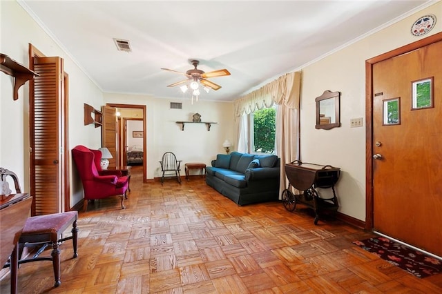 16 Ravan Ave, Harahan, LA 70123 - living room with ceiling fan, baseboards, and crown molding