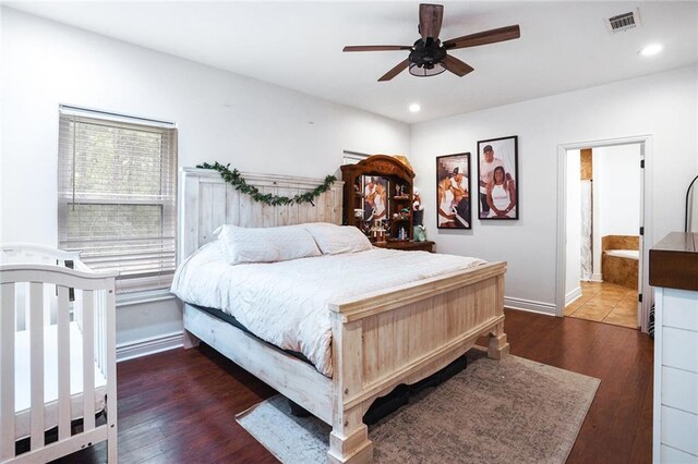 60 Bleu Lake Dr, Covington, LA 70435 - bedroom with dark wood-type flooring, recessed lighting, baseboards, and a ceiling fan