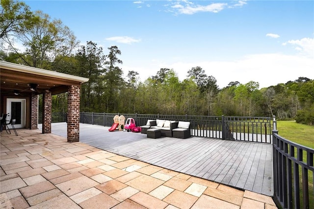 60 Bleu Lake Dr, Covington, LA 70435 - view of patio / terrace featuring an outdoor hangout area, a ceiling fan, and a wooden deck