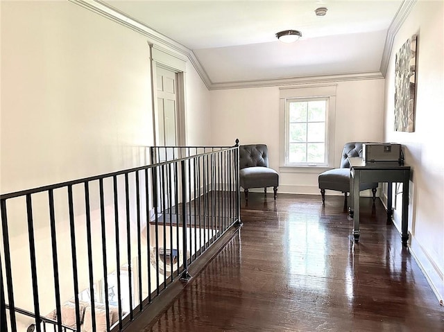 4 Riverdale Dr, Covington, LA 70433 - sitting room featuring ornamental molding, baseboards, wood finished floors, an upstairs landing, and lofted ceiling