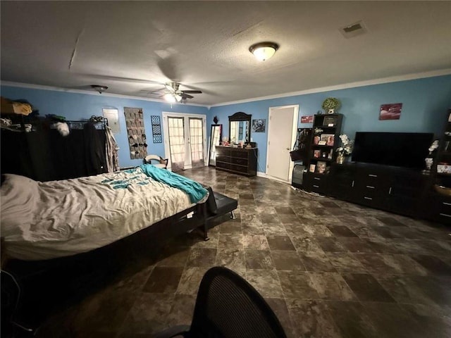 9425 Dancy Ave, Baton Rouge, LA 70814 - bedroom featuring french doors, ornamental molding, and ceiling fan