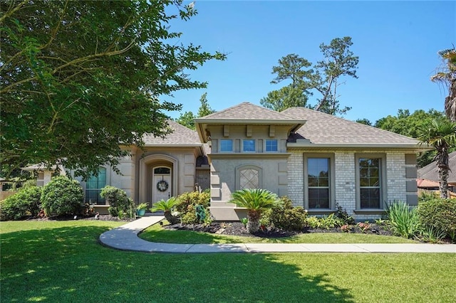 view of front facade with a front lawn, roof with shingles, and brick siding