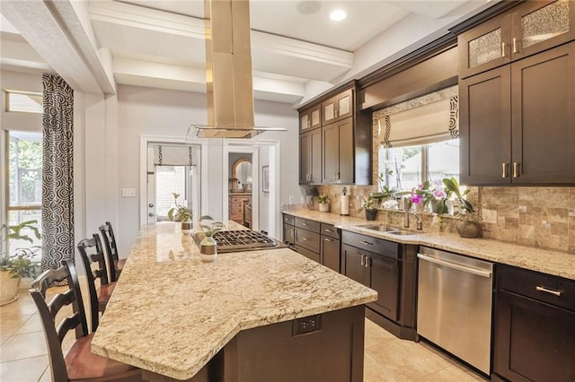 kitchen featuring appliances with stainless steel finishes, light tile patterned floors, decorative backsplash, a sink, and recessed lighting