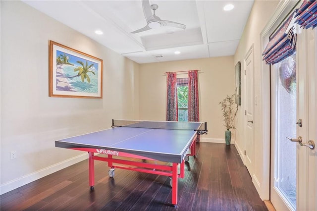 rec room with coffered ceiling, baseboards, dark wood finished floors, recessed lighting, and beamed ceiling