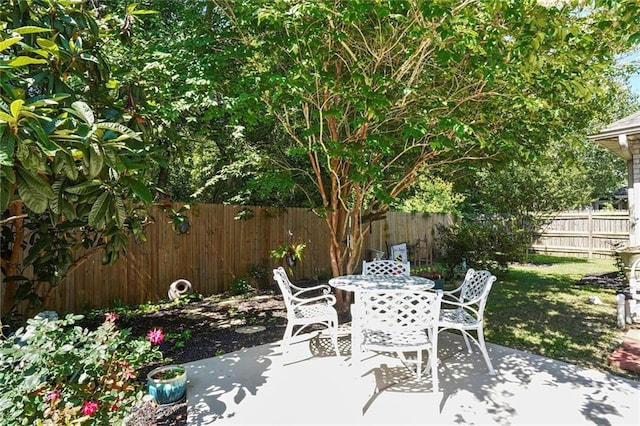 view of patio / terrace with a fenced backyard and outdoor dining area
