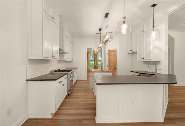 125 Bent Tree Ct, Covington, LA 70433 - kitchen featuring high end stainless steel range, a sink, dark countertops, decorative backsplash, and crown molding
