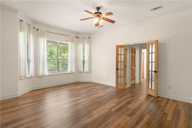 125 Bent Tree Ct, Covington, LA 70433 - empty room with french doors, wood finished floors, ceiling fan, crown molding, and baseboards