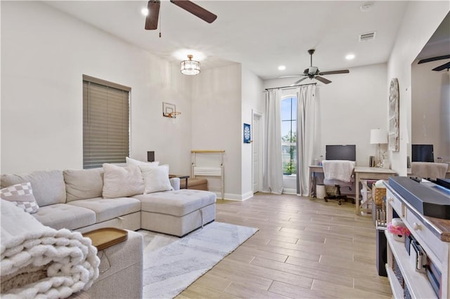 343 Saw Grass Loop, Covington, LA 70435 - living area with ceiling fan, an office area, light wood finished floors, recessed lighting, and baseboards