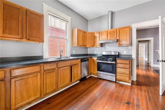 1705-07 Rousselin St, New Orleans, LA 70119 - kitchen featuring stainless steel appliances, a sink, under cabinet range hood, and dark wood-style flooring