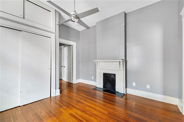 1705-07 Rousselin St, New Orleans, LA 70119 - unfurnished living room featuring a fireplace, ceiling fan, wood-type flooring, and baseboards
