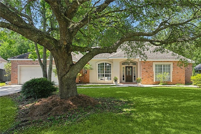 2107 Olvey Dr, Mandeville, LA 70448 - ranch-style home featuring a front yard, concrete driveway, a garage, brick siding, and a shingled roof