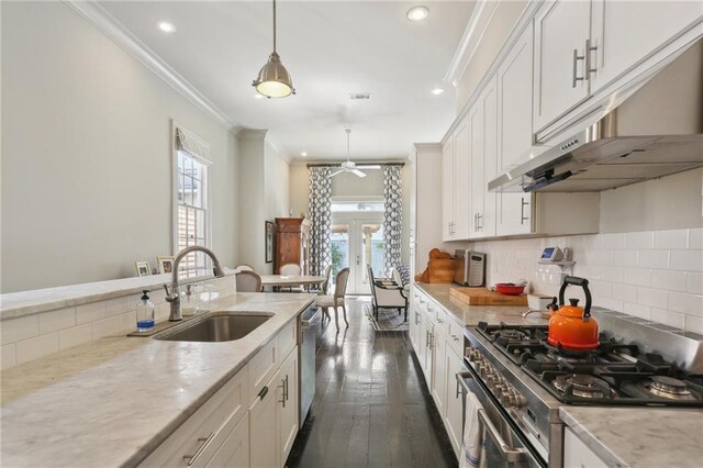 1807 Jena St, New Orleans, LA 70115 - kitchen featuring stainless steel appliances, a sink, under cabinet range hood, healthy amount of natural light, and crown molding