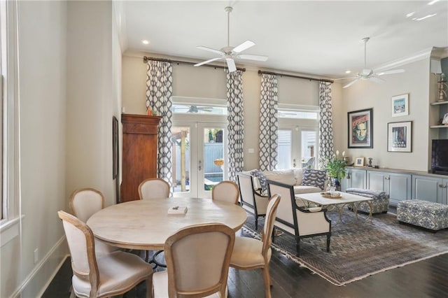 1807 Jena St, New Orleans, LA 70115 - dining area featuring ceiling fan, french doors, wood finished floors, crown molding, and baseboards