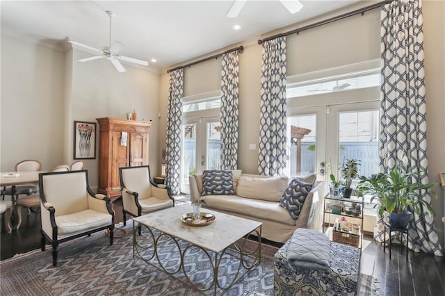 1807 Jena St, New Orleans, LA 70115 - living area with ceiling fan, french doors, a towering ceiling, dark wood finished floors, and recessed lighting