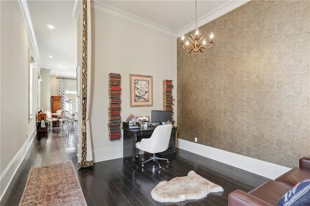 1807 Jena St, New Orleans, LA 70115 - home office with wood finished floors, baseboards, crown molding, a chandelier, and recessed lighting