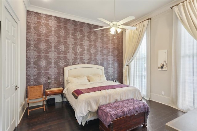 1807 Jena St, New Orleans, LA 70115 - bedroom with wallpapered walls, hardwood / wood-style floors, multiple windows, ornamental molding, and baseboards