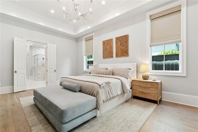 204 Vincent Ave, Metairie, LA 70005 - bedroom with ornamental molding, light wood-style floors, a chandelier, recessed lighting, and baseboards