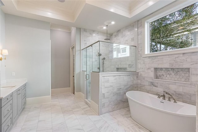 204 Vincent Ave, Metairie, LA 70005 - full bathroom featuring crown molding, a stall shower, a freestanding tub, vanity, and marble finish floors