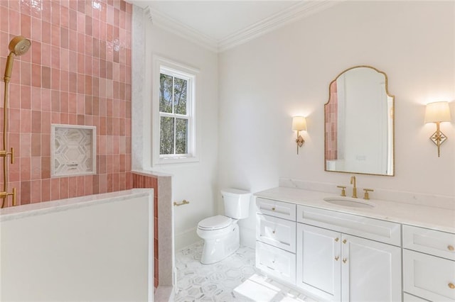 204 Vincent Ave, Metairie, LA 70005 - bathroom with a walk in shower, toilet, vanity, and crown molding