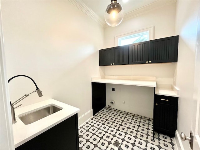 204 Vincent Ave, Metairie, LA 70005 - clothes washing area with cabinet space, crown molding, an office area, baseboards, and light flooring