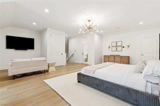 204 Vincent Ave, Metairie, LA 70005 - bedroom featuring a chandelier, light wood-style flooring, baseboards, recessed lighting, and ensuite bath