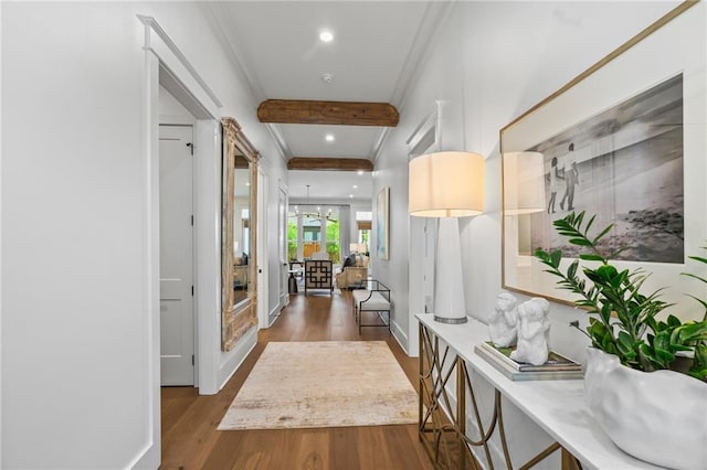 5072 Twin River Pl, Covington, LA 70433 - hall featuring wood finished floors, recessed lighting, beamed ceiling, and crown molding