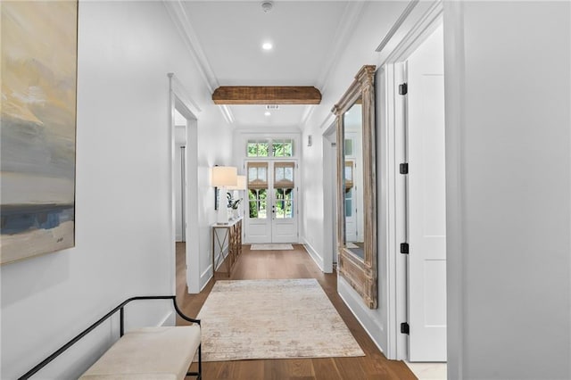 5072 Twin River Pl, Covington, LA 70433 - corridor with crown molding, french doors, wood finished floors, recessed lighting, and baseboards