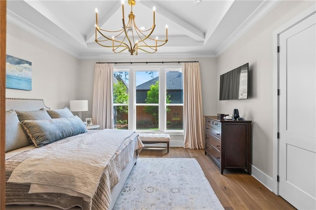 5072 Twin River Pl, Covington, LA 70433 - bedroom featuring a chandelier, beamed ceiling, wood-type flooring, and baseboards