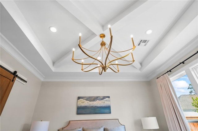 5072 Twin River Pl, Covington, LA 70433 - detailed view of beam ceiling, a chandelier, a raised ceiling, recessed lighting, and a barn door