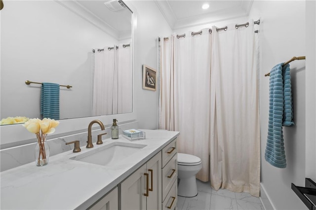5072 Twin River Pl, Covington, LA 70433 - full bath featuring marble finish floors, ornamental molding, vanity, toilet, and a shower with shower curtain