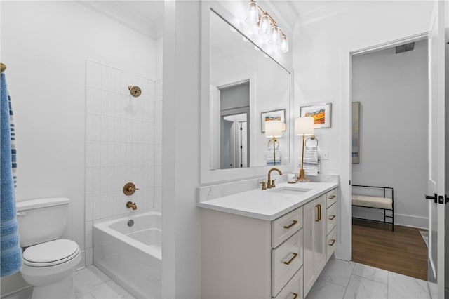 5072 Twin River Pl, Covington, LA 70433 - full bath with marble look tile flooring, toilet, vanity, ornamental molding, and shower / tub combination